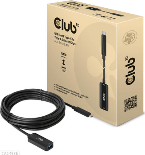 CLUB3D USB Gen2 Type-C to Type-A Cable 10Gbps M/F 5m/16.4ft